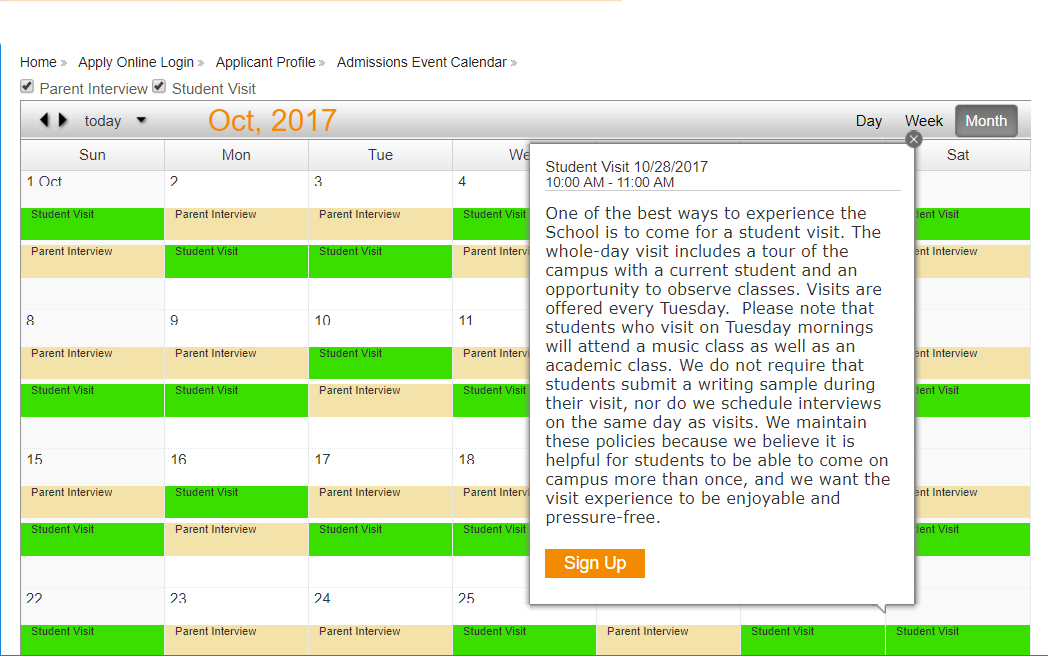 Online event scheduling for k-12 Admissions Management