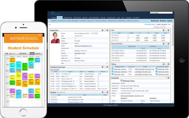 Student Dashboard with schedule, attendance, report cards, health