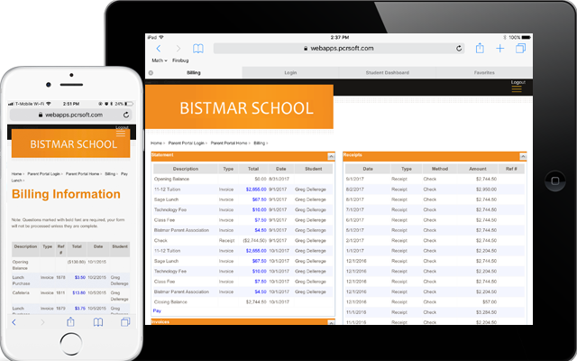 Online Student Billing with web access for parents